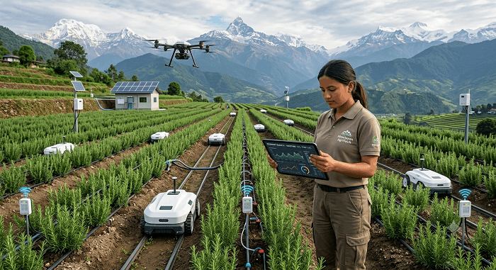 AI-powered smart farming technology monitoring Rosemary Herb cultivation in Nepal