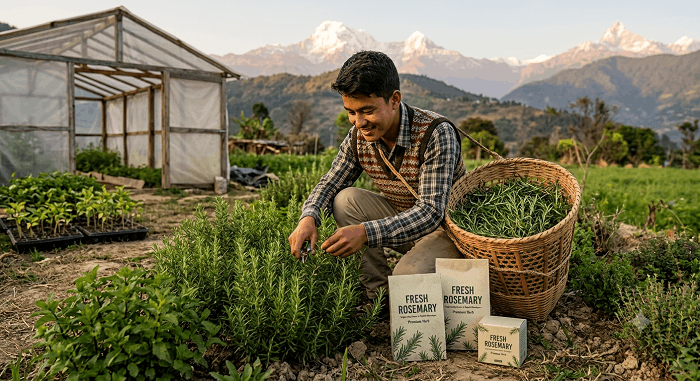 Fresh Rosemary Herb harvest for sustainable farming and local business in Nepal