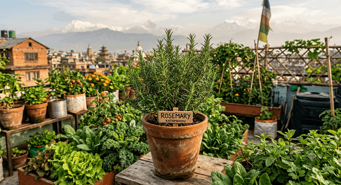 Rosemary Herb growing in a sunny home garden in Nepal