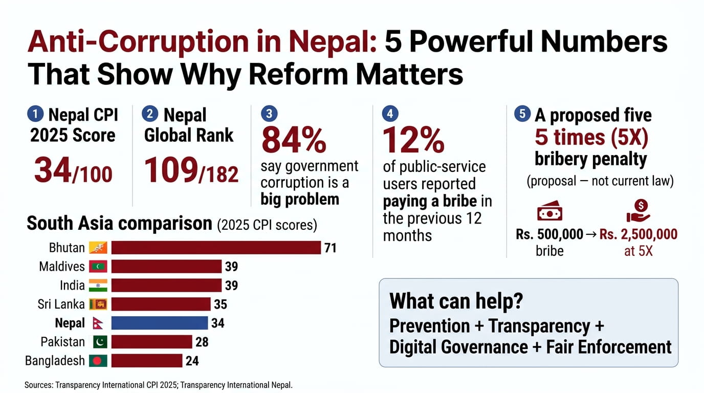 Anti-Corruption in Nepal infographic showing 5X bribery penalty proposal, CPI score, global rank and corruption statistics