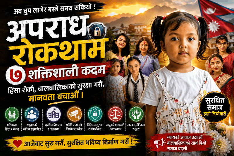 Crime Prevention awareness poster showing child safety, community protection and justice in Nepal