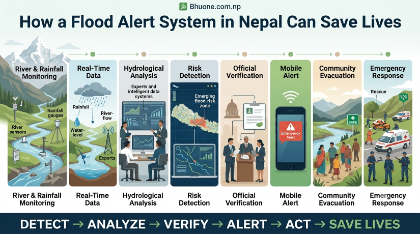 How a flood alert system works in Nepal from river monitoring to public emergency alerts