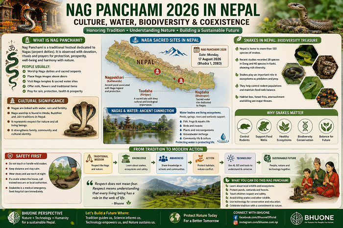 Nag Panchami 2026 in Nepal showing Naga culture, sacred water sites, snake biodiversity and coexistence