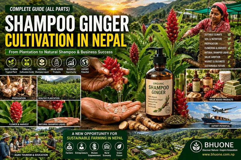 A Nepali farmer harvesting a mature Shampoo Ginger (Zingiber zerumbet) flower while extracting natural shampoo liquid in an organic farm, alongside a premium organic shampoo bottle, showcasing sustainable farming and business opportunities in Nepal.