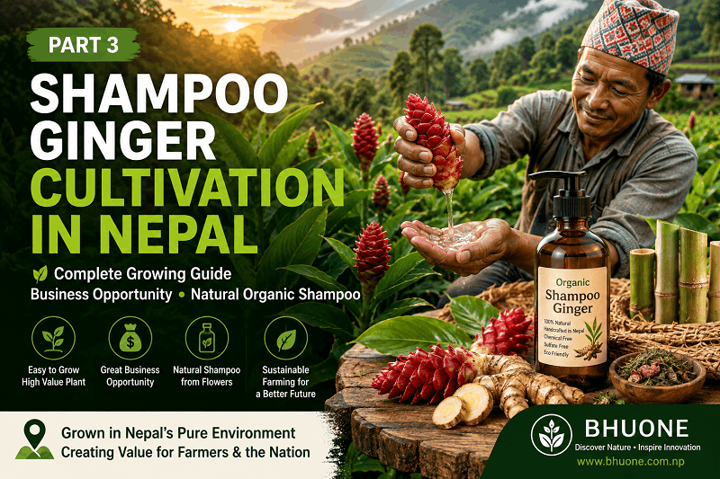 Farmer harvesting Shampoo Ginger Plant in Nepal with natural shampoo liquid and organic cultivation for sustainable farming.