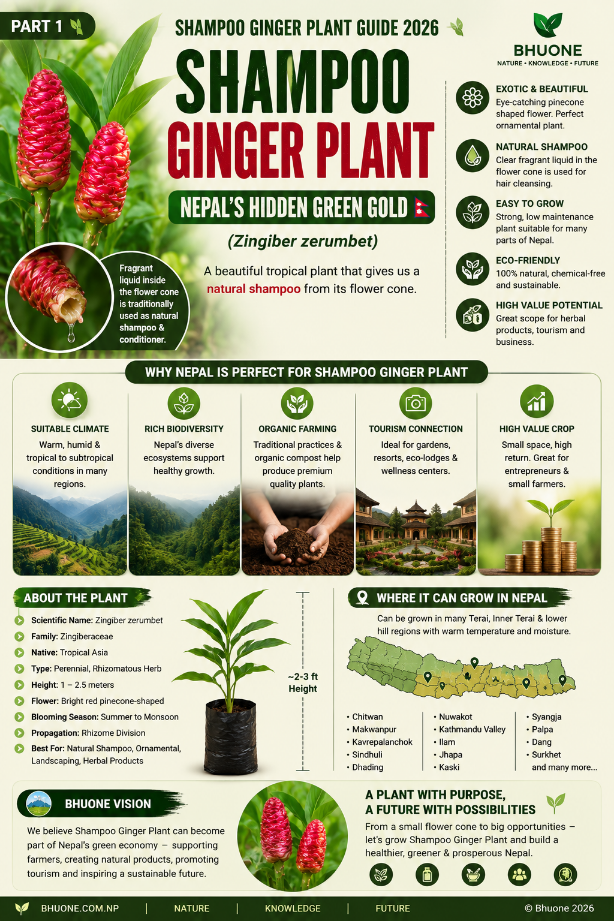 Shampoo Ginger Plant (Zingiber zerumbet) infographic showing natural shampoo flower, cultivation potential, and business opportunities in Nepal.