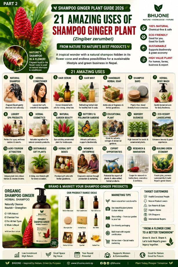 Infographic showing 21 amazing uses of Shampoo Ginger Plant including natural shampoo, herbal cosmetics, agro-tourism, and business opportunities in Nepal.