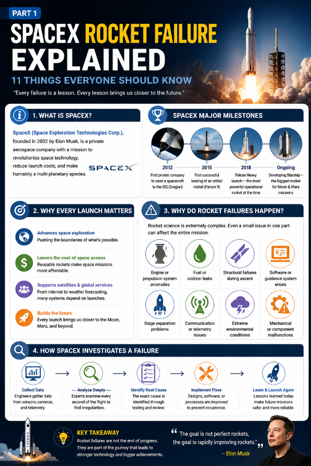 SpaceX Rocket Failure Explained Part 1 infographic showing what SpaceX is, why every rocket launch matters, common causes of rocket failures, and how engineers investigate launch anomalies.