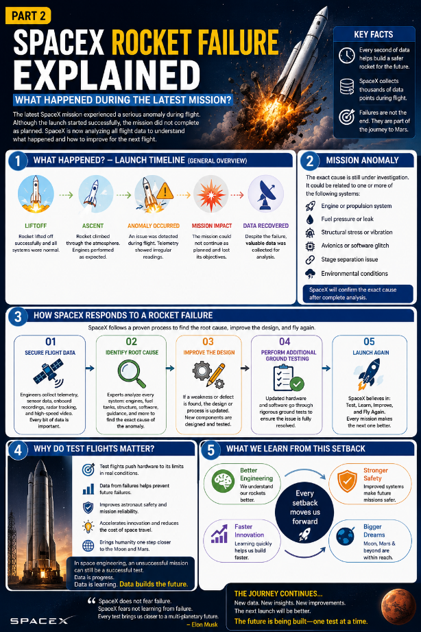 Part 2 infographic explaining what happened during the latest SpaceX rocket failure, including the launch timeline, mission anomaly, engineering investigation, and why test flights are essential for future space missions.