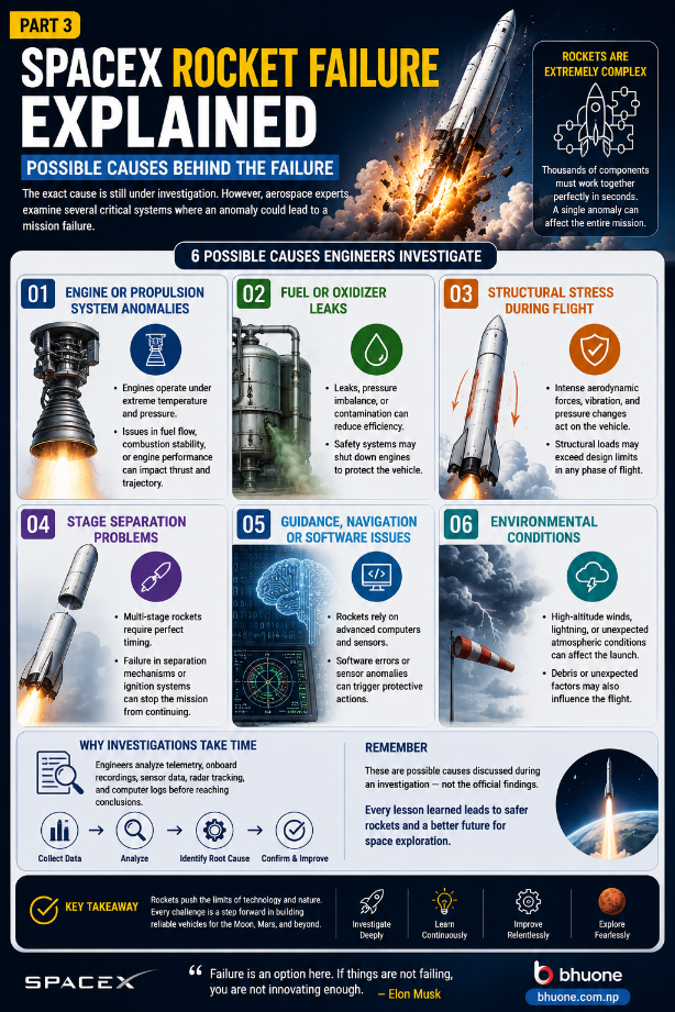 Part 3 infographic explaining the possible causes behind a SpaceX rocket failure, including engine anomalies, fuel leaks, structural stress, stage separation issues, software errors, and environmental conditions.